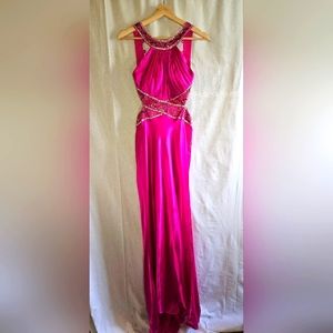 Morgan & Co hot pink sequin satin halter formal gown with pleated bust sz 1/2